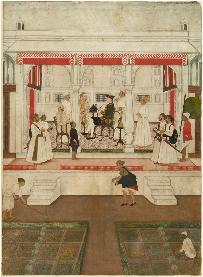 Company officer receives noblemen on a terrace
