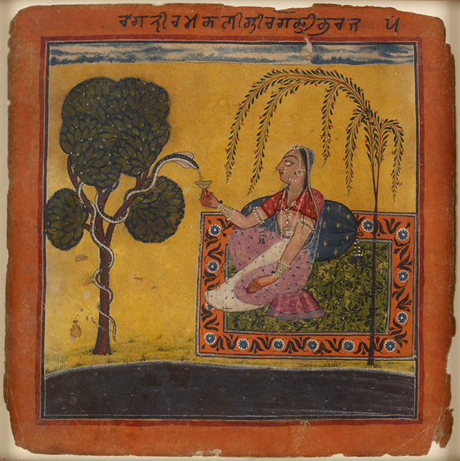 A lady offers milk to a snake, illustrating the musical mode Ramakali Ragini