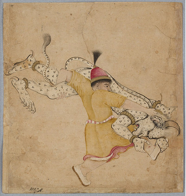 A hero wrestles a div, or demon