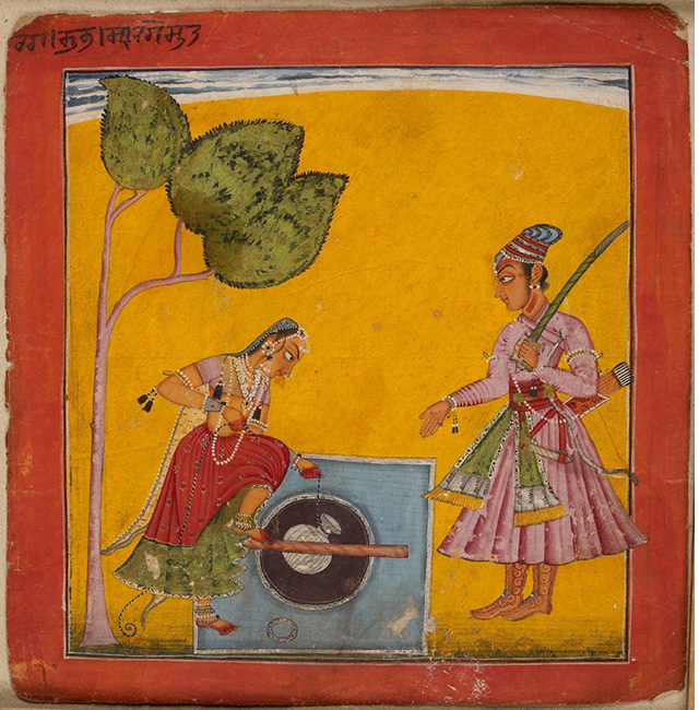 A lady and prince at a well, illustrating the musical mode Raga Kumbha