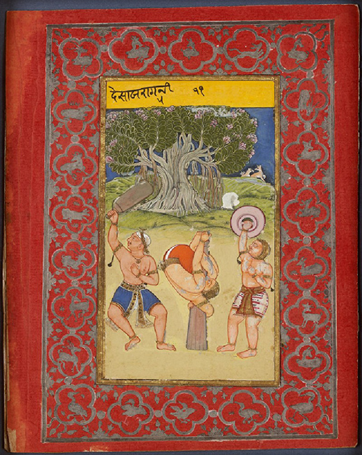 Wrestlers exercising, illustrating the musical mode Deshakh Ragini