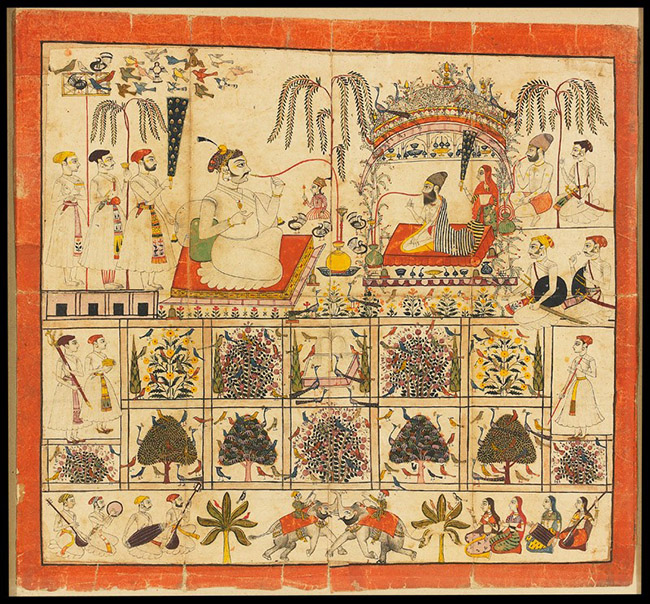 Maharaja Raj Singh of Sawar receives a yogi in a garden