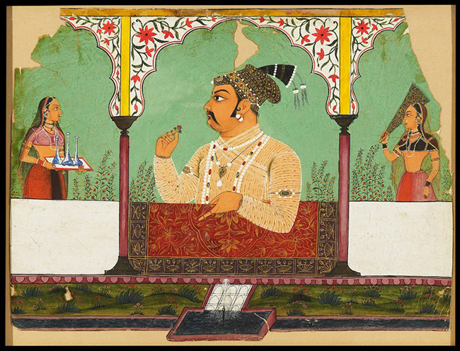 Maharaja Raj Singh of Sawar in a garden arcade