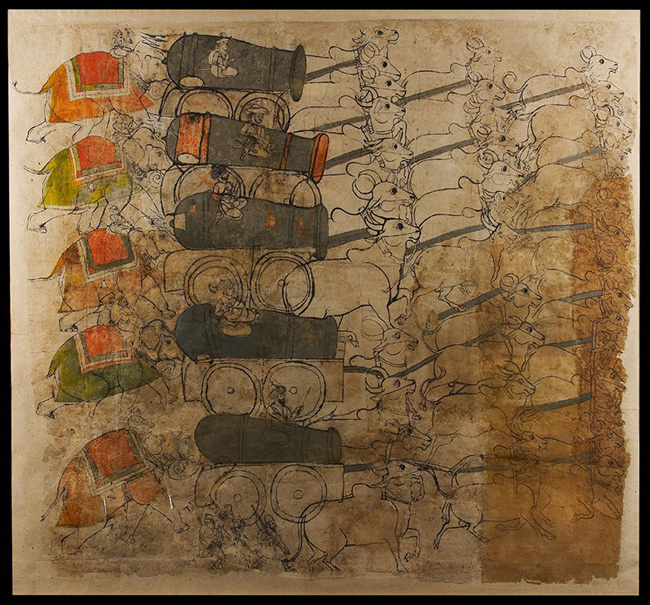 Elephants pushing cannons drawn by bullocks