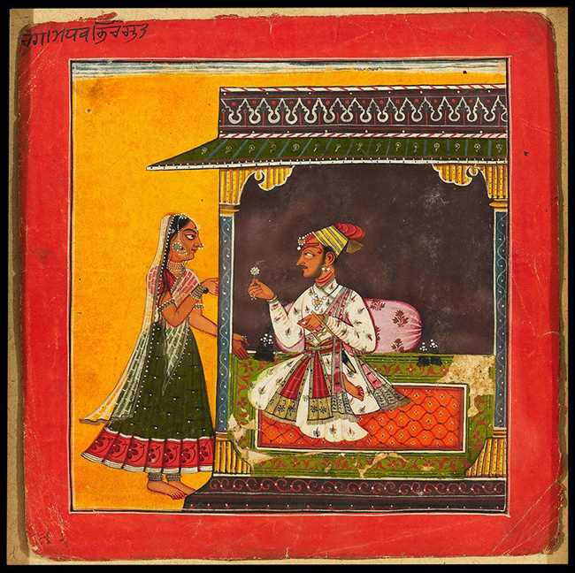 A prince and lady meeting, illustrating the musical mode Raga Madhava